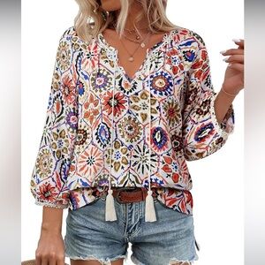 Boho Floral Print Peasant Blouse | Tassel Tie Bohemian Top • 2X • Plus Size